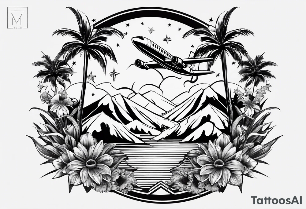 Daisies, palm tree and airplane anchor waves fireworks, mountain,  ski , sun 06, 09, 11, 716, 02072 tattoo idea