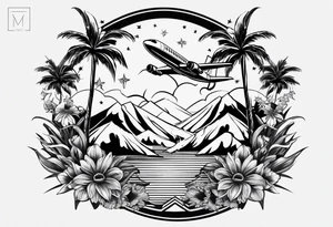 Daisies, palm tree and airplane anchor waves fireworks, mountain,  ski , sun 06, 09, 11, 716, 02072 tattoo idea