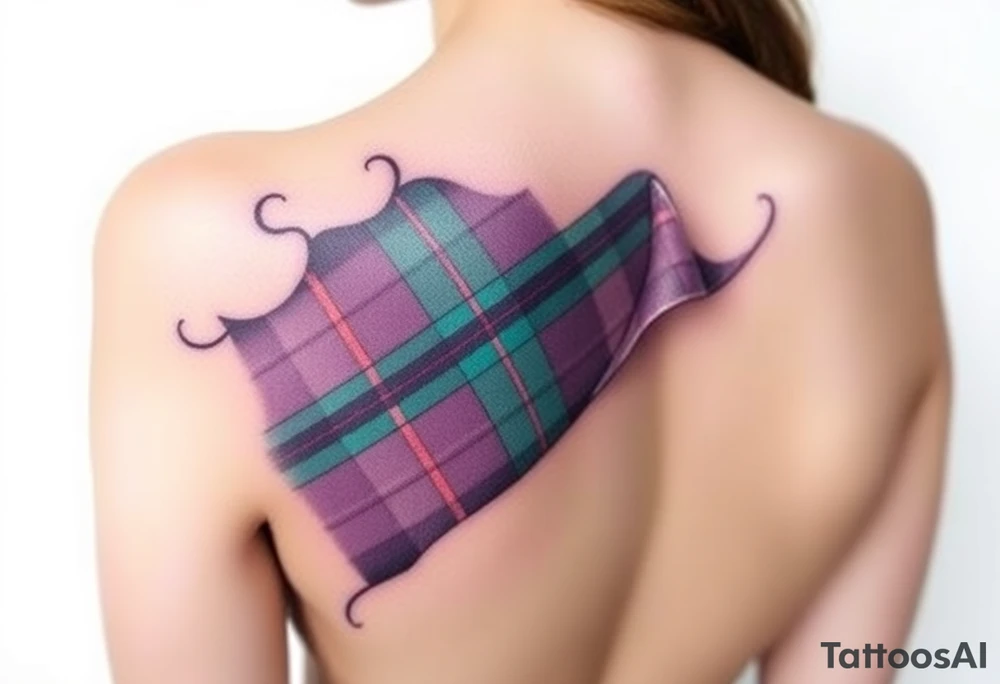 Between Breasts

Dark Purple with green pink blue and white highlights tartan fabric with skin around edges peeling and wrapping around side of shoulder tattoo idea