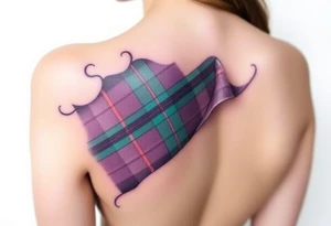 Between Breasts

Dark Purple with green pink blue and white highlights tartan fabric with skin around edges peeling and wrapping around side of shoulder tattoo idea