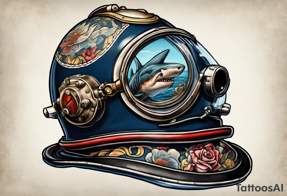 Navy Diving helmet with a shark and pin up girl tattoo idea