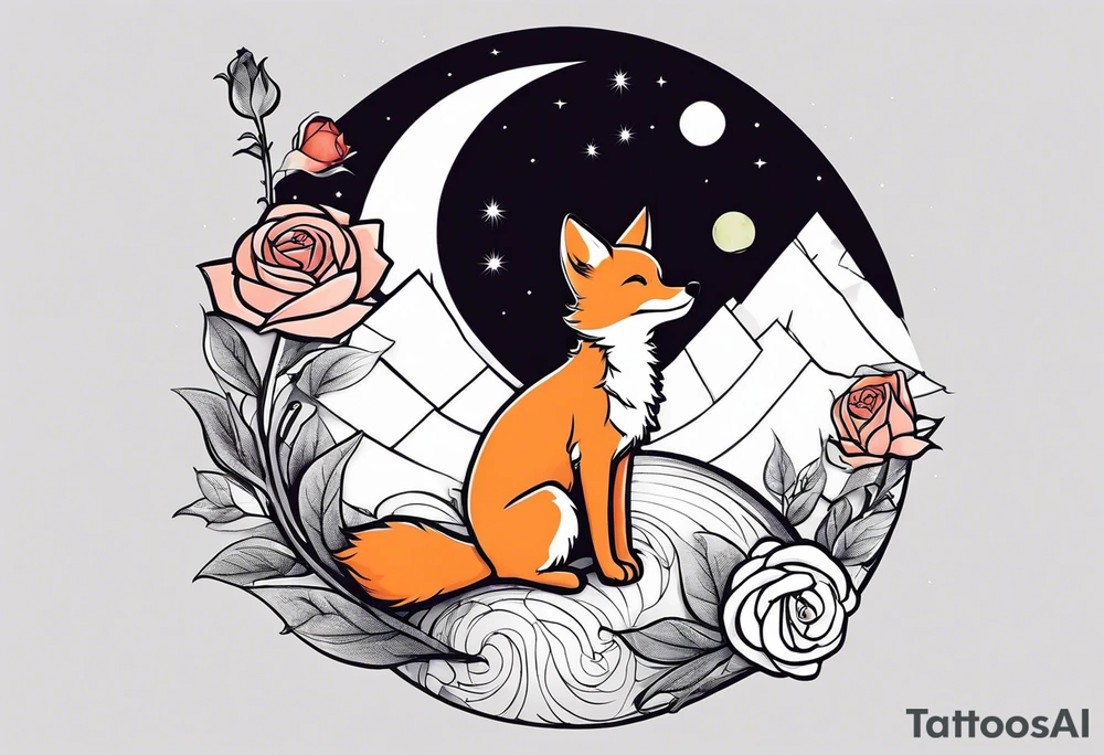 The Little prince sitting on his planet toghether with the fox on his planet besides his rose. Both are watching into the sky tattoo idea