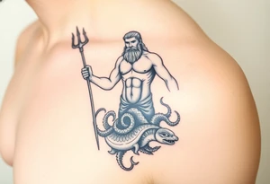 Poseidon showing torso and trident and lower down sea creatures swirling around him tattoo idea