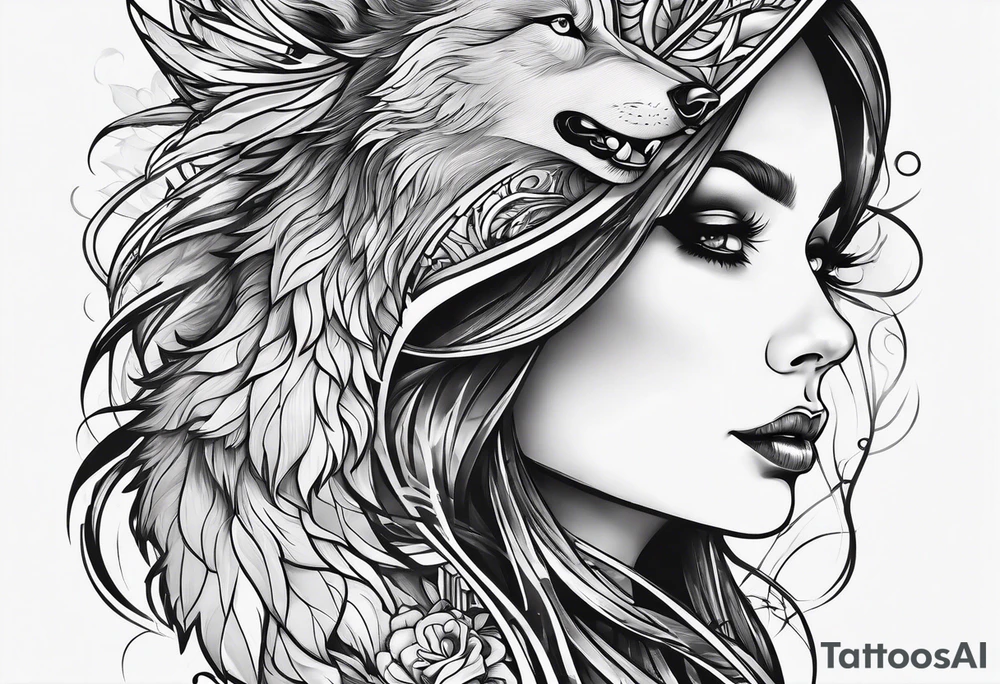wolf's and woman's head split in half tattoo idea