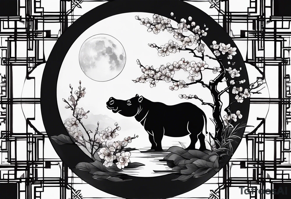 Asymmetrical, geometric, chinese ink art touch, hippo , full moon, wintersweet flower, light , modify from my favourite, s-shape tattoo idea