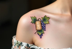 Cork & Vine – A simple design featuring a wine cork entwined by a grapevine, with green leaves, purple grapes, and natural brown bark texture. tattoo idea