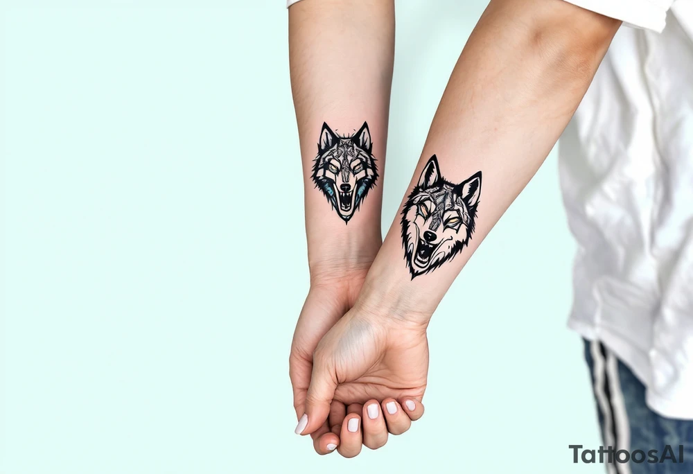 Two matching man and woman tattoos of black and white silhouette wolve on the wrist. tattoo idea