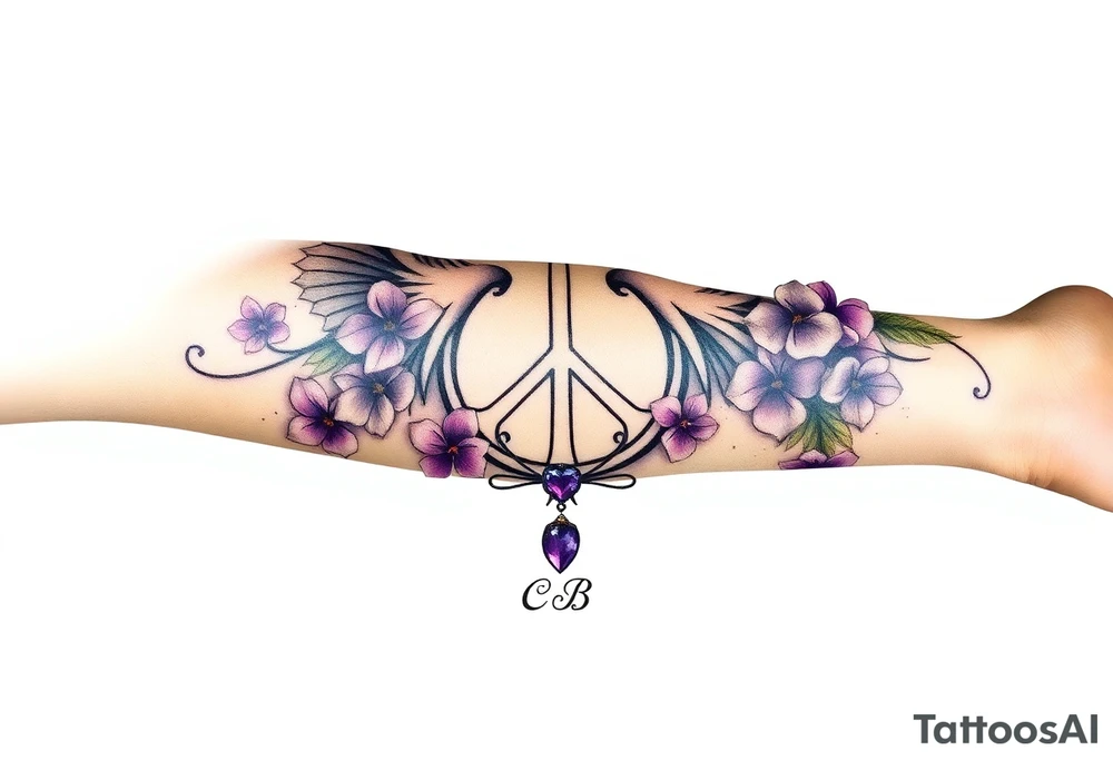 peace symbol, dog prints, Pisces symbol, intertwined with violets, amethyst, initials csb in cursive font tattoo idea