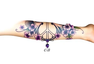 peace symbol, dog prints, Pisces symbol, intertwined with violets, amethyst, initials csb in cursive font tattoo idea