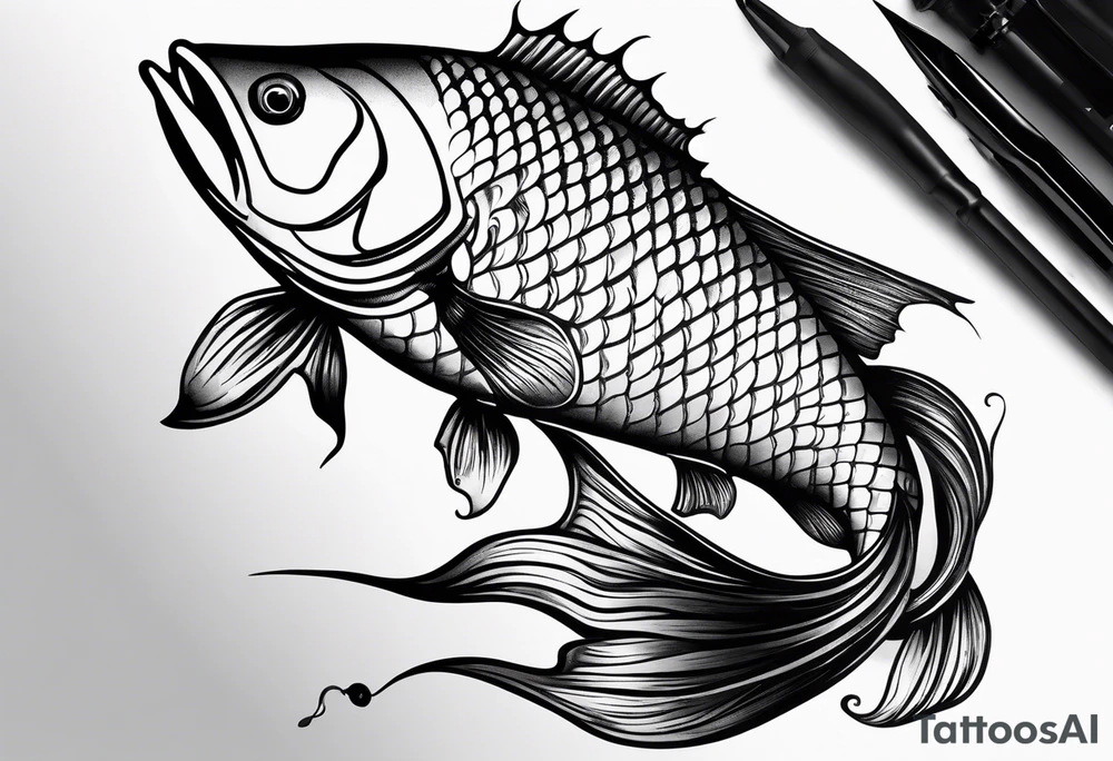 A Fish eating a small silhouette of a man on a hook tattoo idea
