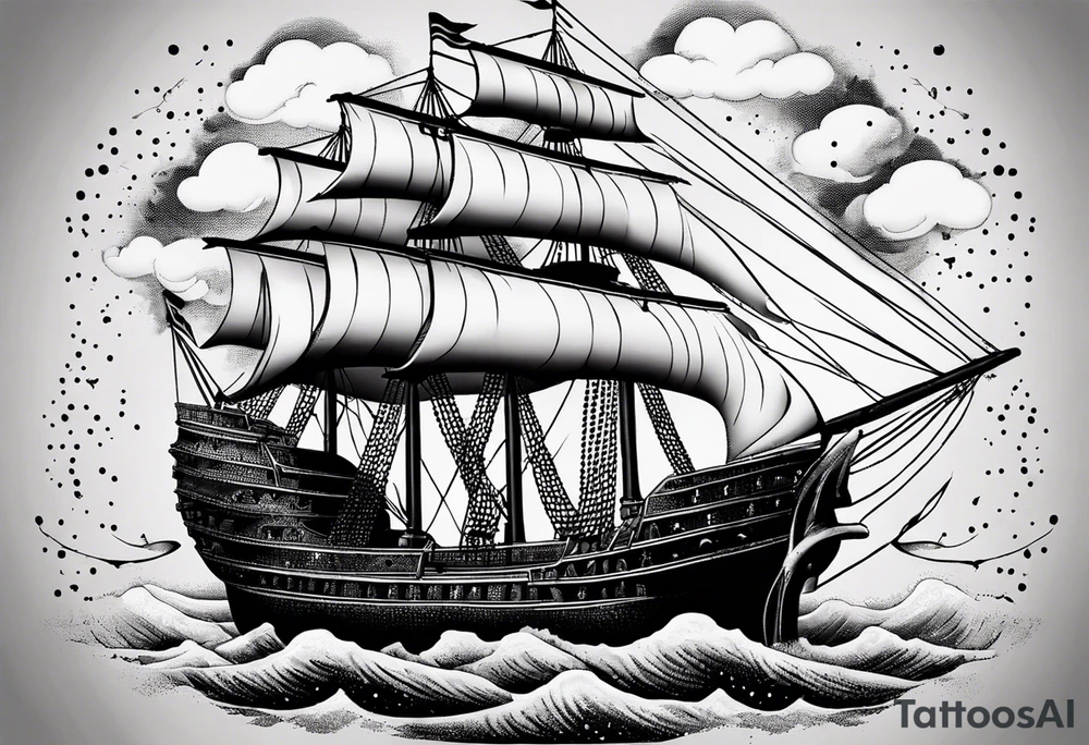 Air ship with tattered sails flying through a stormy sky tattoo idea