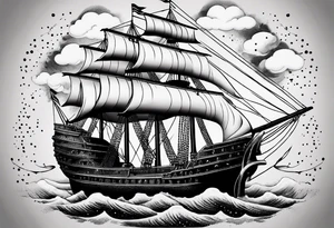 Air ship with tattered sails flying through a stormy sky tattoo idea