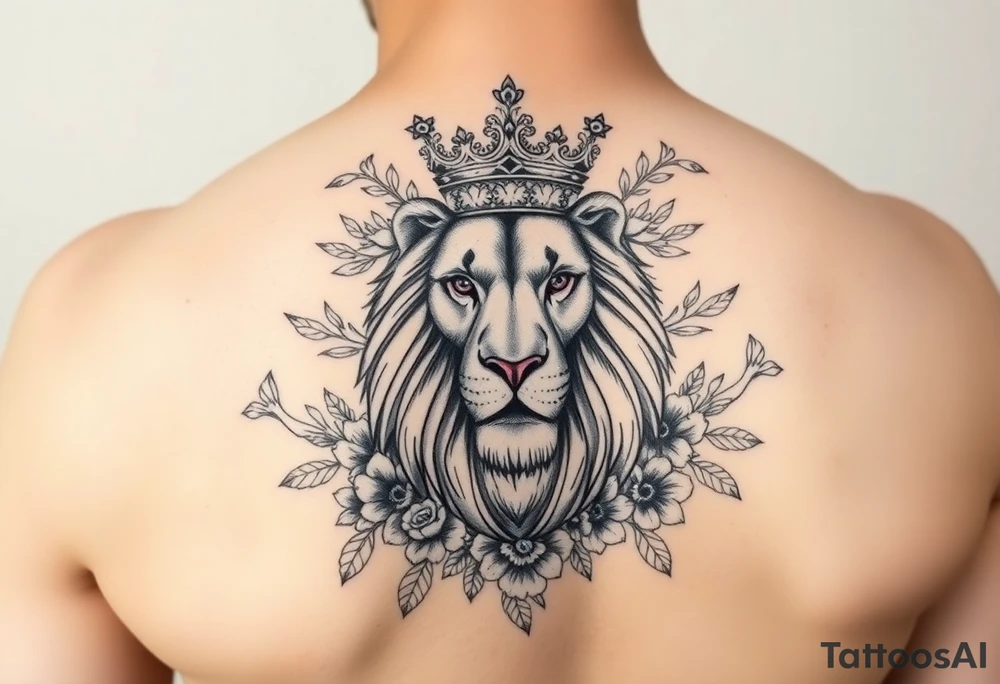 powerful majestic lion with a crown, surrounded by floral ornaments and birds tattoo idea