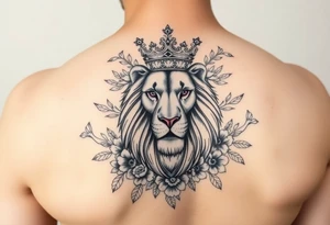 powerful majestic lion with a crown, surrounded by floral ornaments and birds tattoo idea