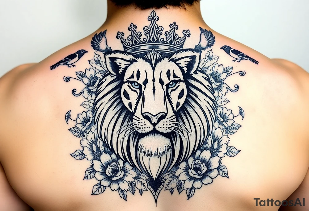 powerful majestic lion with a crown, surrounded by floral ornaments and birds tattoo idea
