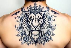 powerful majestic lion with a crown, surrounded by floral ornaments and birds tattoo idea
