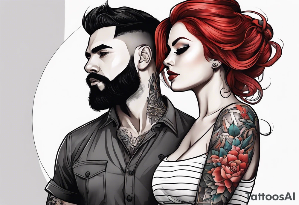 Busty Red haired woman with black haired bearded man tattoo idea