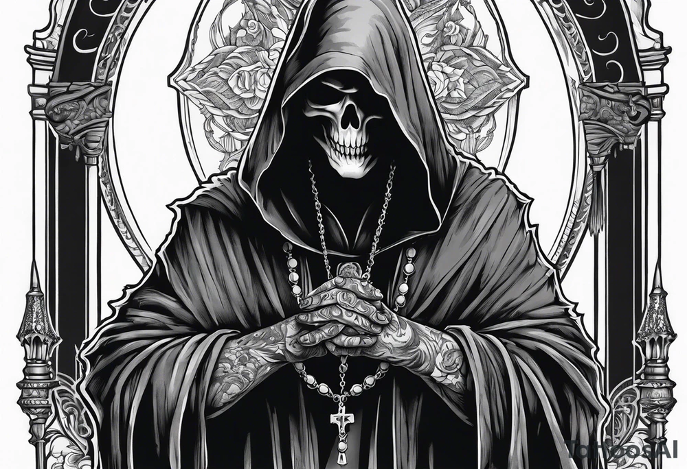 The grim reaper standing from a side profile praying with a rosary wrapped around his hands tattoo idea