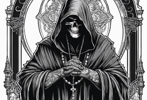 The grim reaper standing from a side profile praying with a rosary wrapped around his hands tattoo idea