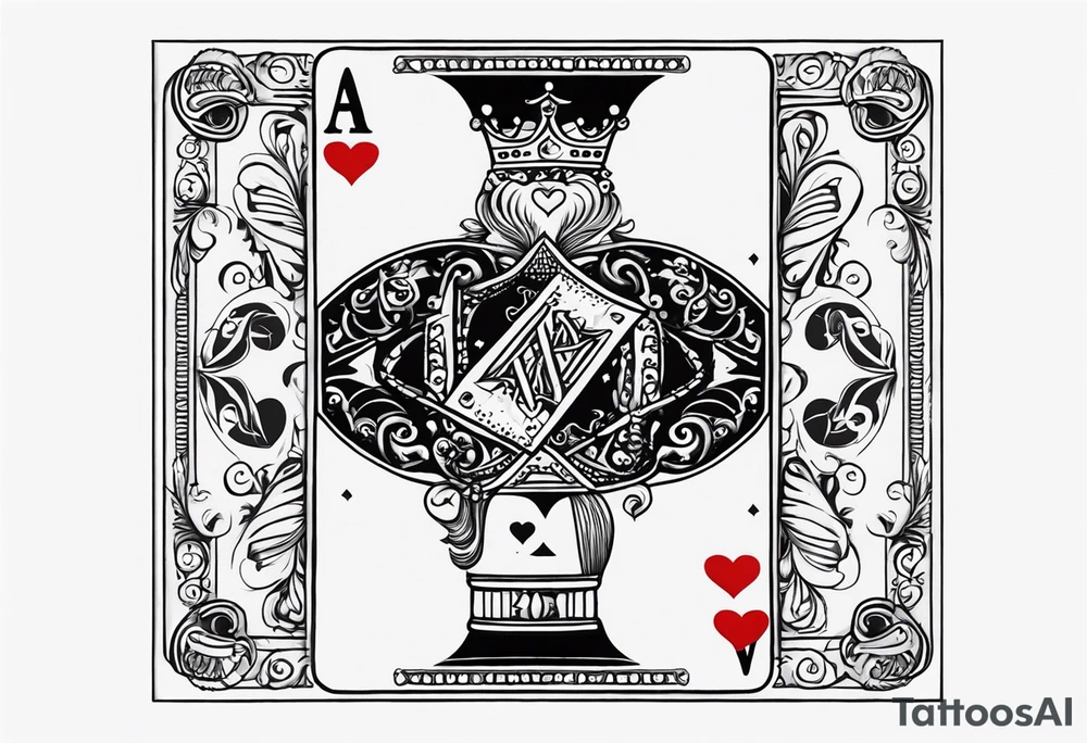 Only  Two cards no faces just letters and shapes, king of hearts with the K in the middle of the card and hearts in the corners and the Ace of spades behind it with the A in the corner peeking from behind the king of hearts card tattoo idea