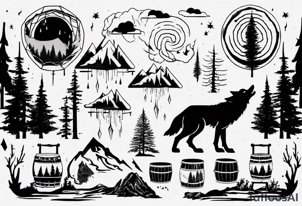 thunderstorm over a forest with a wolf howling on drums tattoo idea