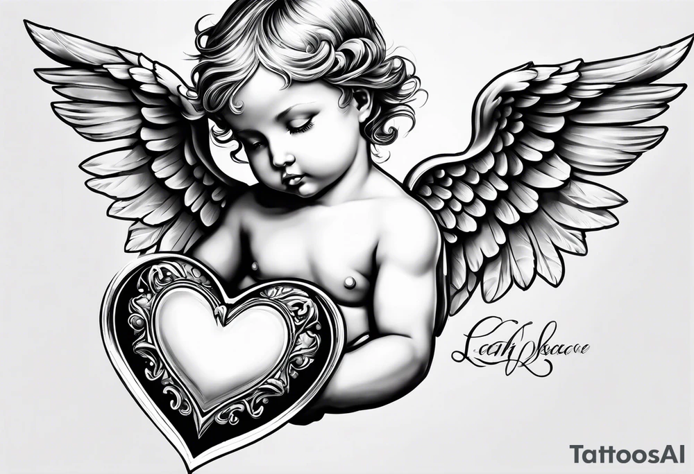 Baby Angel holding heart, side way flying with name Leah. For chest tattoo on left pec tattoo idea