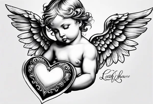 Baby Angel holding heart, side way flying with name Leah. For chest tattoo on left pec tattoo idea