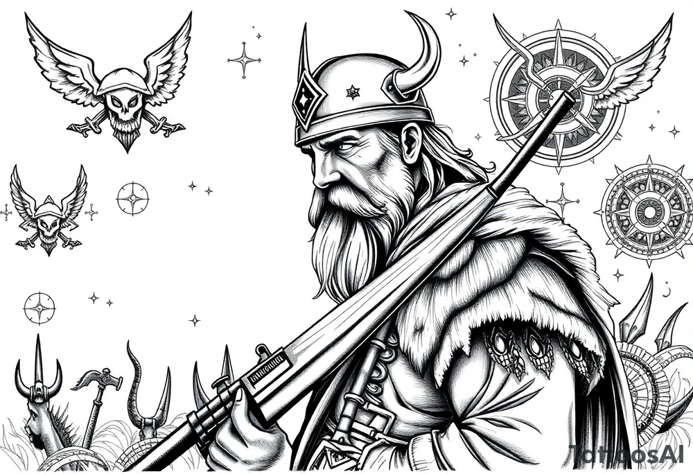 A Viking in the battlefield surrounded by Viking symbols and patterns. Hidden in the patterns is an Australian army rifle and slouch hat. tattoo idea