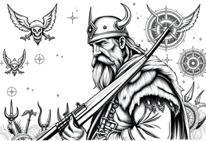 A Viking in the battlefield surrounded by Viking symbols and patterns. Hidden in the patterns is an Australian army rifle and slouch hat. tattoo idea