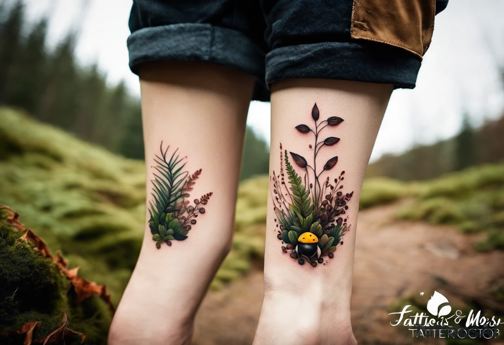 minimalistic forest floor inspired tattoo, which includes grass, moss, curly ferns and dead leaves as the bulk of the tattoo. details to include: forest berries, couple of very small brown mushrooms, a tiny bumblebee flying nearby tattoo idea