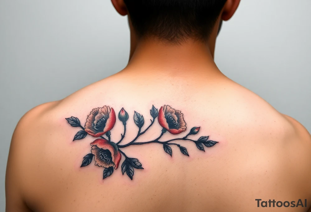 colored tattoo on the shoulder with the image of an oak branch and poppy seeds tattoo idea