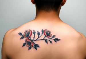 colored tattoo on the shoulder with the image of an oak branch and poppy seeds tattoo idea
