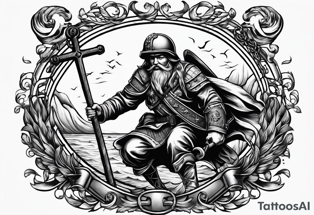Soldier dragging an anchor and carrying a cross tattoo idea
