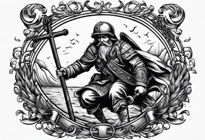 Soldier dragging an anchor and carrying a cross tattoo idea