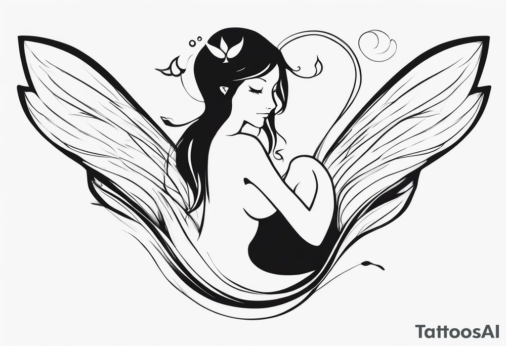 Minimalistic, monochromatic fairy with a tail flying to the left in a fetal position, leaning and looking in the same direction, with visible hands, embodying the 'Fairy Tail' logo aesthetic. tattoo idea
