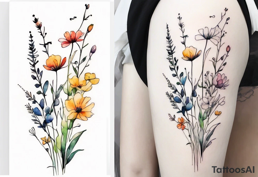 wild flowers long stems bouquet all watercolor tattoo idea