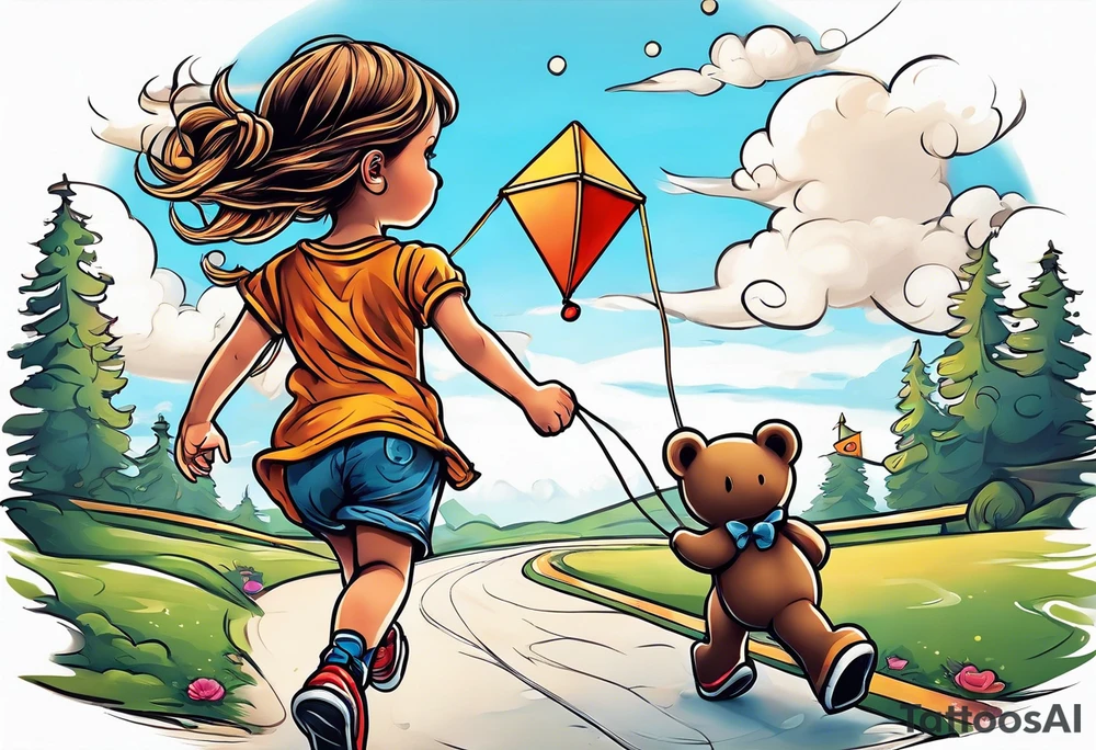 the back of a little girl running away holding a kite with a roller skating teddy bear behind her tattoo idea