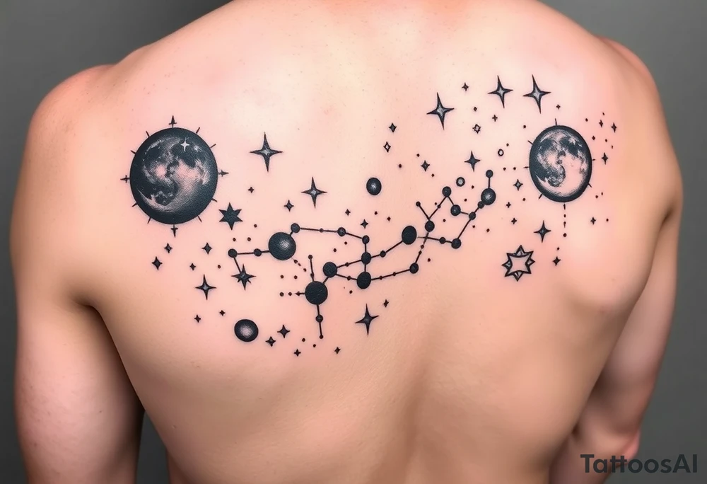 Give me a nighttime constellation tattoo with 10 different variances of stars of 40 stars, and additional cosmo items e.g. planets, etc.

It should fit on the left shoulder blade about 10 inches across and 6 high tattoo idea
