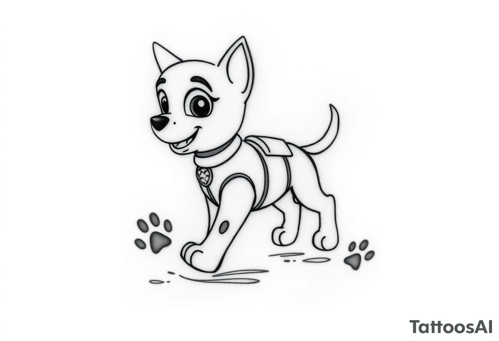 Walking Paw Patrol member leaving a realistic textured paw print behind him. tattoo idea