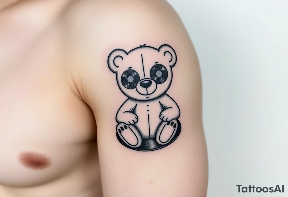minimalist teddy bear with vinyl records as eyes smiling and sitting on a record tattoo idea