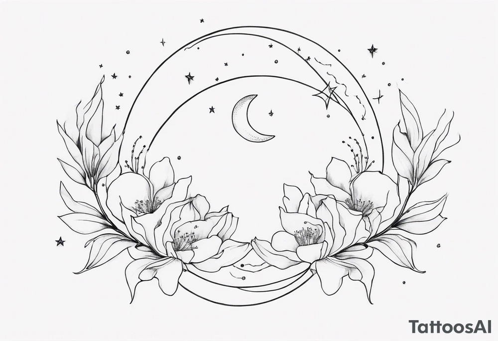 Cancer constellation with Alstroemeria connecting the larger stars, Crescent moon, Saturn and mercury tattoo idea