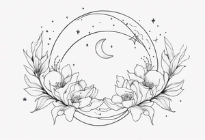 Cancer constellation with Alstroemeria connecting the larger stars, Crescent moon, Saturn and mercury tattoo idea