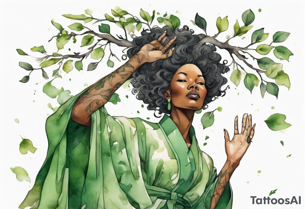 a tree that sprouts into a beautiful black woman wearing a green robe, arms reaching up, her roots spreading wide into a field of fallen leaves tattoo idea