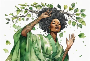 a tree that sprouts into a beautiful black woman wearing a green robe, arms reaching up, her roots spreading wide into a field of fallen leaves tattoo idea