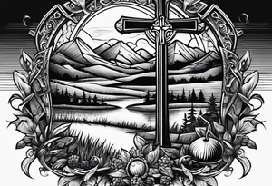 christian 
cross, campfire, golf , whiskey glass, cabin tattoo idea