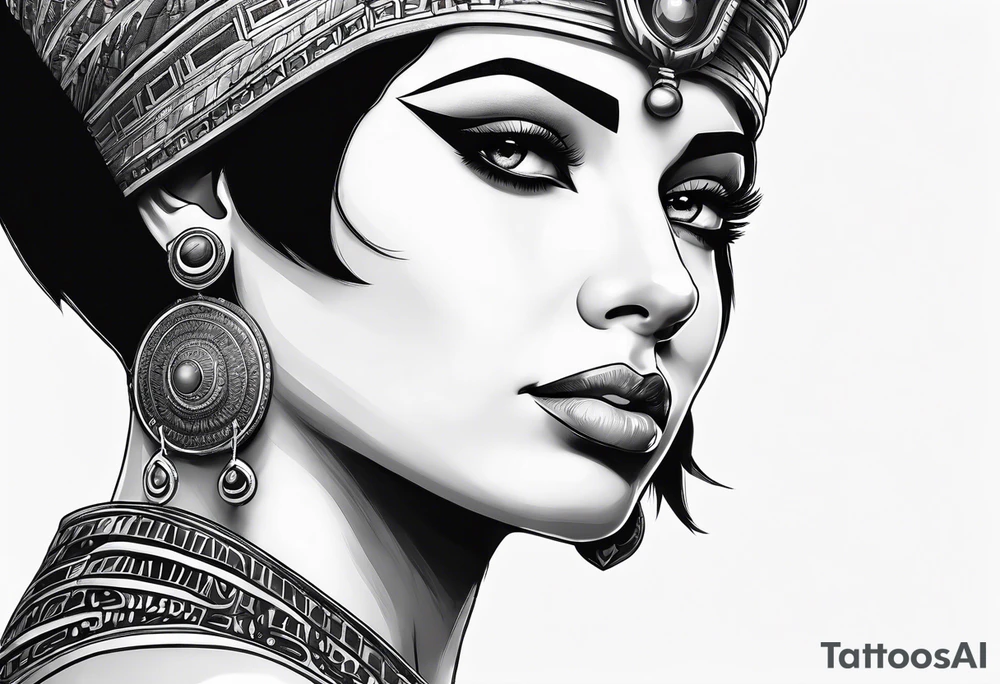 Side profile of cleopatra with short hair and cat tattoo idea