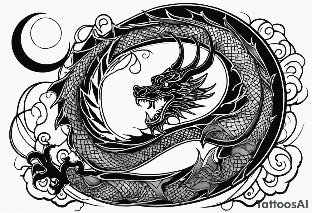 Dragon with Seven shape with full moon on background tattoo idea