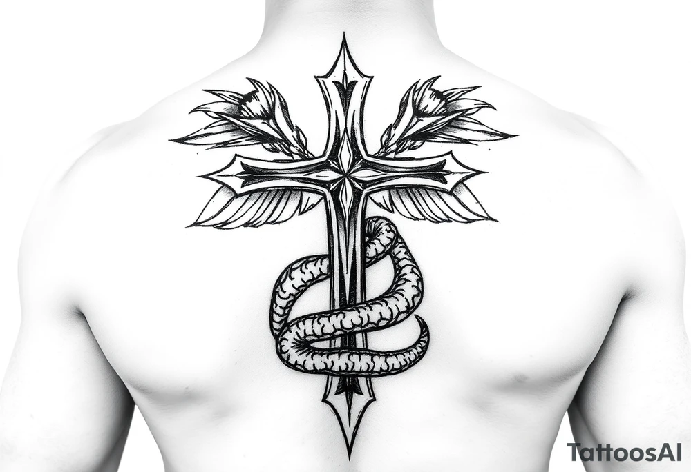 A cross that stabs the snake from the bottom tattoo idea