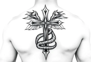 A cross that stabs the snake from the bottom tattoo idea