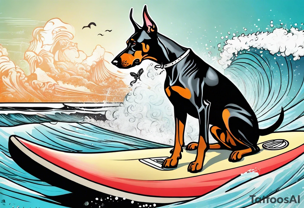 doberman smoking a cigar on a surfboard with a goat with larger horns tattoo idea